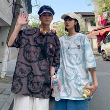 21夏款情侣风240克双纱棉高品质宽松大码圆领卡通印花T恤 T50-P40图片