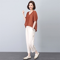 中年妈妈套装女夏季2023新款时尚宽松气质刺绣两件套苎麻短袖T恤，女装套装/套裙，涵誉