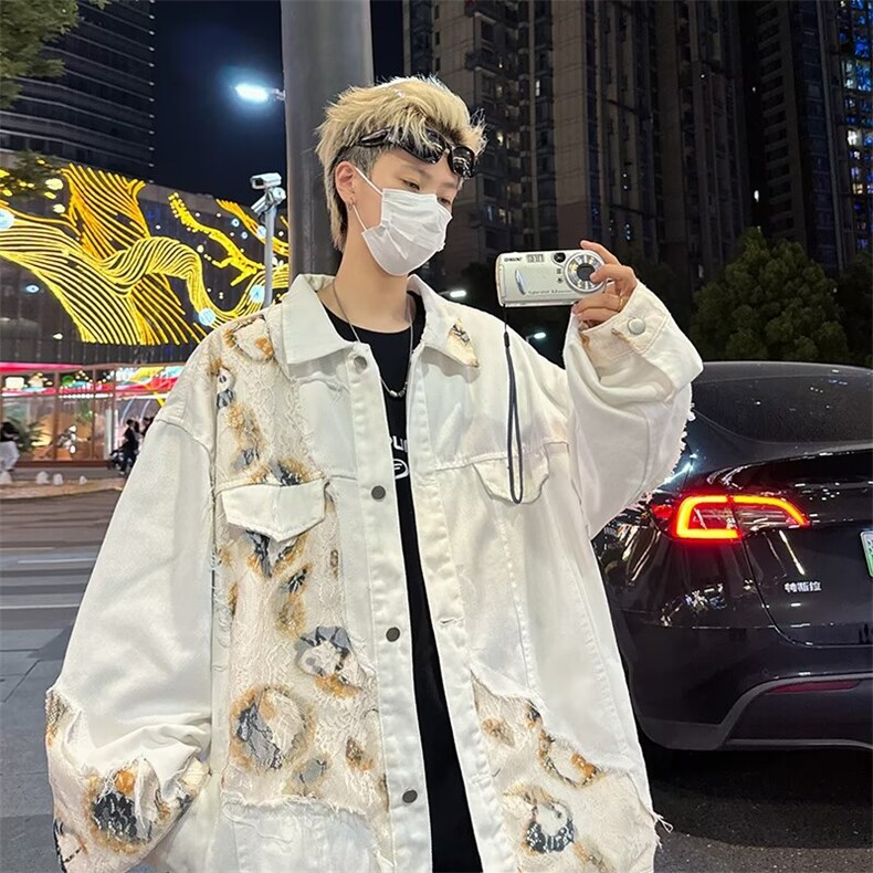 牛仔外套男士韩版潮流高街帅气宽松拼接2024秋冬ins夹克W6158-P73，男装工装外套，星座412-3