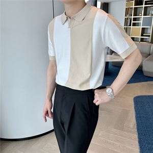 韩版夏季冰丝短袖拼色男Polo衫休闲撞色翻领潮流透气针织T53-P43图片