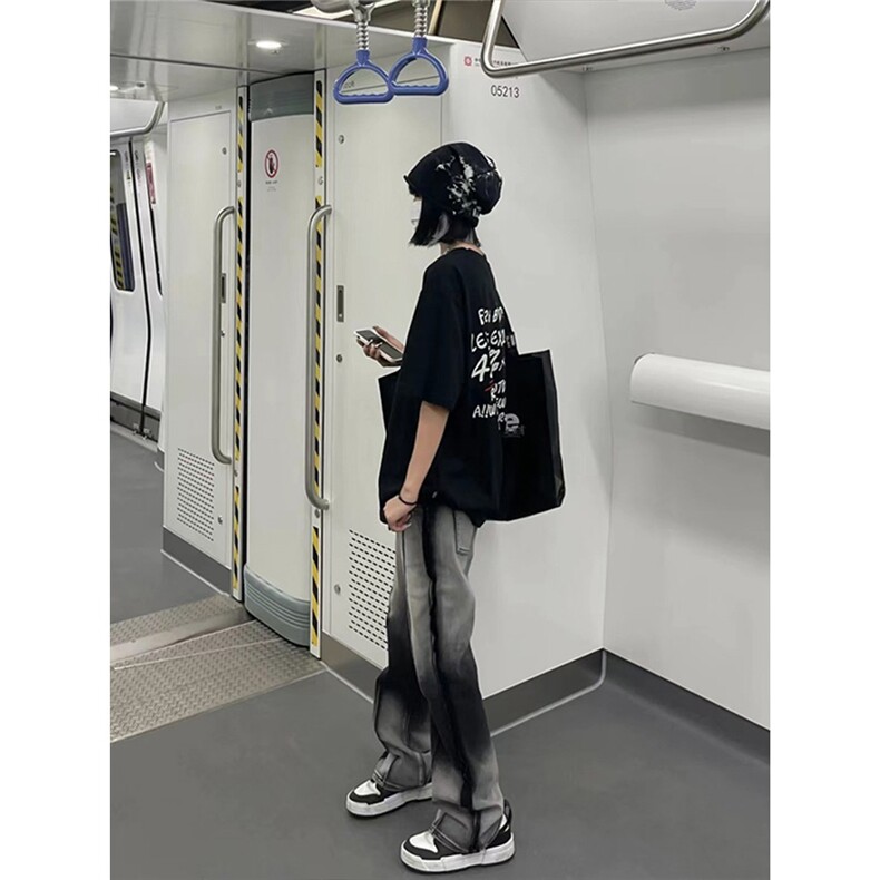 春季黑色扎染渐变牛仔裤男潮牌欧美街头设计感微喇裤LG9377-P48,男装牛仔裤,星座1008