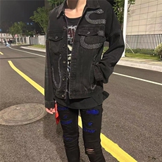 时尚黑色牛仔外套男潮牌欧美街头大码宽松工装夹克韩版潮流上衣服，男装工装外套，星座601-1