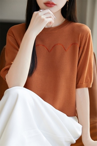 简约气质凉感天丝莱赛尔烫钻针织短袖女圆领宽松显瘦减龄t恤上衣图片