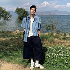 2025夏季新款日系复古格子衬衫男翻领薄款宽松半袖衬衣CSA52-P40，男装T恤，星座208-5