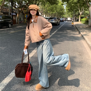 美式PU皮撞色拼接短款毛呢外套女秋冬2025新款炸街御姐轻熟风大衣图片