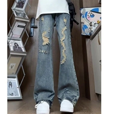设计感破洞牛仔裤男春秋夏季美式高街vibe裤子小众修身直筒微喇裤，男装牛仔裤，星座506A