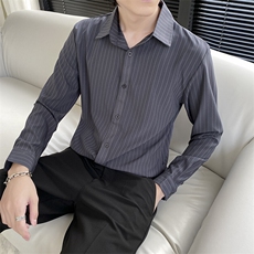 条纹衬衫男韩版潮流高级设计感日系港风免烫长袖休闲宽松衬衣，男装衬衫，星座506