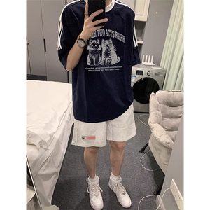 夏季美式高街重磅纯棉三条杠织带撞色男女短袖T恤ZD359-特P30