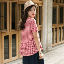 棉麻甜美圆领2025年夏季文艺短袖T恤经典格子休闲宽松娃娃衫，女装T恤，风姿绰