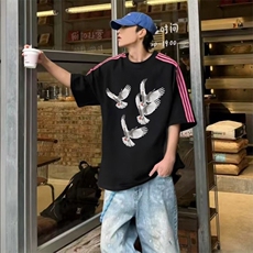 抖音得物品质二开240克宽松纯棉美式潮牌印花三条杠中性风短袖T恤，男装T恤，电商A486-1