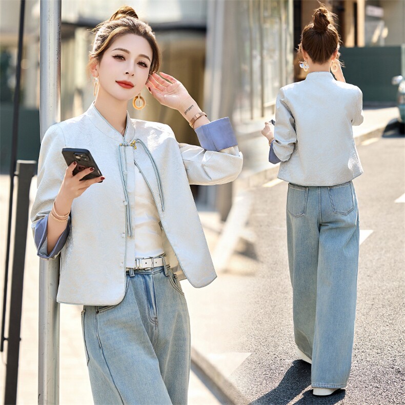流苏盘扣新中式国风外套女2025春秋新款提花撞色拼接短款唐装上衣,女装短外套,依如秀(原杭风阁)