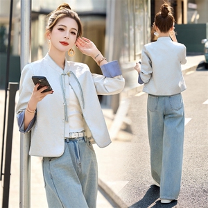 流苏盘扣新中式国风外套女2025春秋新款提花撞色拼接短款唐装上衣图片