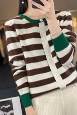 复古撞色条纹设计感秋冬宽松时髦法式100羊毛针织开衫女士上衣，女装羊毛衫，佑昭祥羊绒