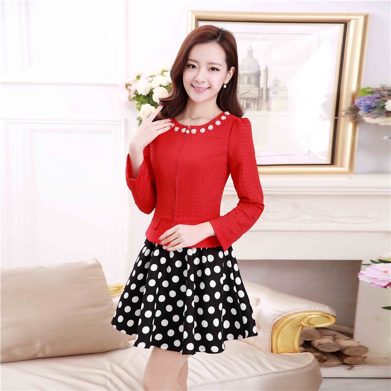 时尚优雅红色上衣配波点半身裙套装显瘦气质女装两件套，女装套装/套裙，尚娜萱