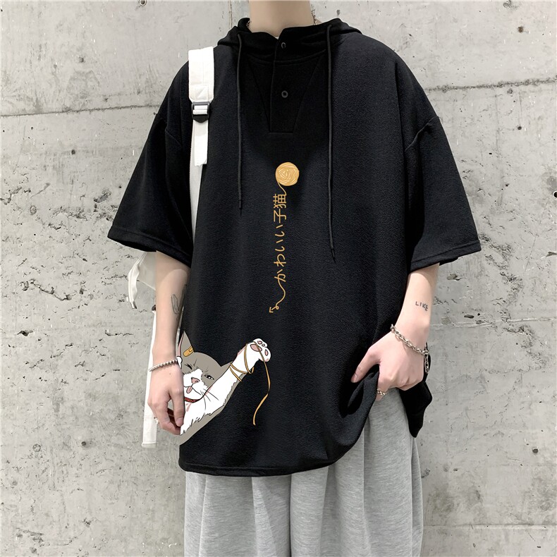 LD54013-P45连帽短袖t恤男大码胖子带帽五分袖中袖大皂风,男装T恤,电商A040