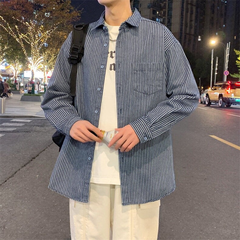 25年春季条纹牛仔衬衫长袖得物抖音衬衫DS-C323-1-G662-P55,男装衬衫,电商C323-1