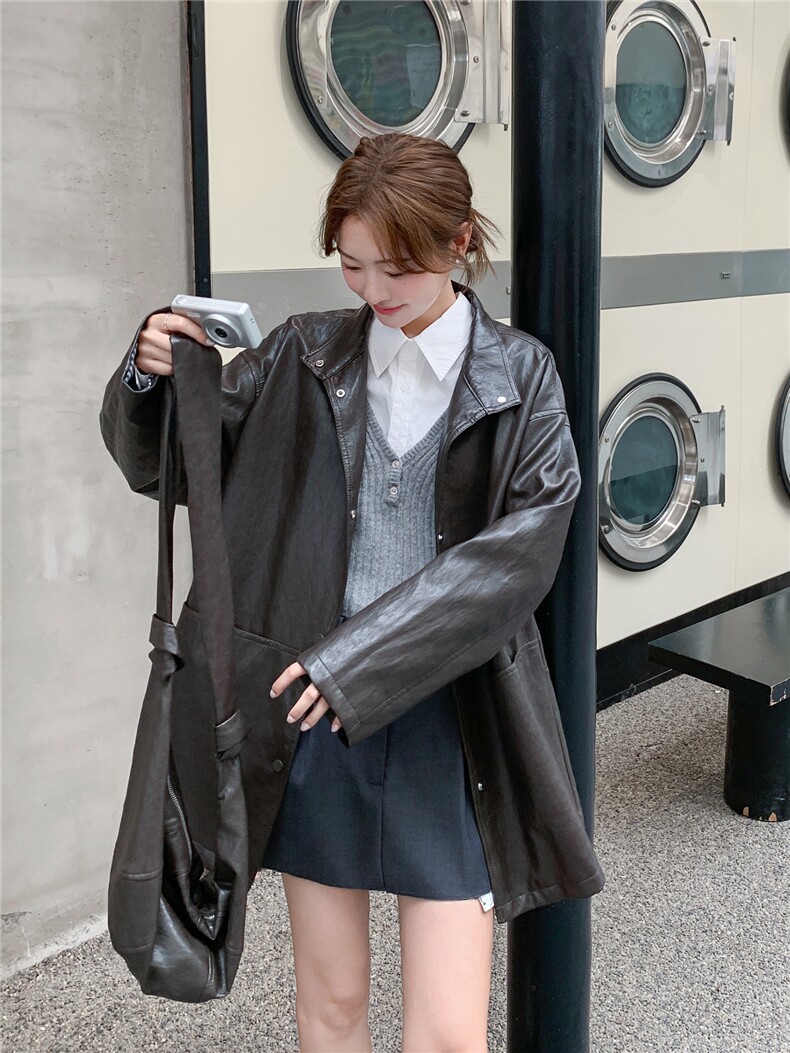 复古韩版皮衣女2025秋装新款中长款外套PU皮夹克今年流行黑色外套,女装短外套,意芙