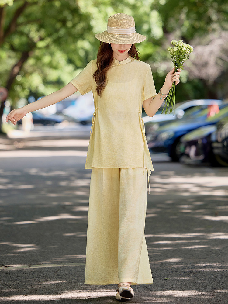 简约百搭新中式套装女2026夏季新款洋气减龄盘扣上衣阔腿裤两件套,女装套装/套裙,水衣源