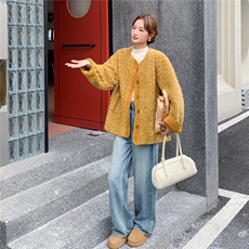 美拉德皮毛一体毛毛外套女冬季新款韩系简约宽松加厚圆领棉服潮，女装皮衣，2C307