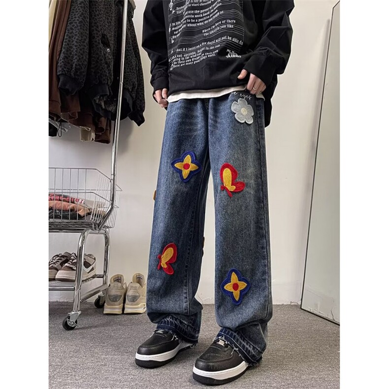 美式复古牛仔裤男新款春季刺绣裤子潮牌宽松阔腿裤图片