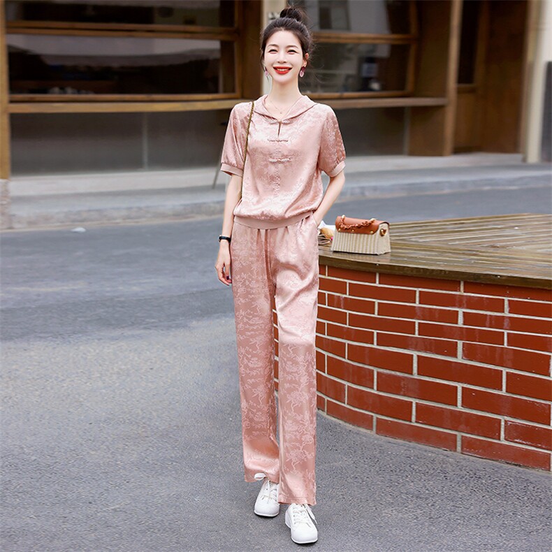 新中式盘扣时尚休闲套装女2025夏季新款提花短袖卫衣直筒裤两件套,女装套装/套裙,奕薇雅