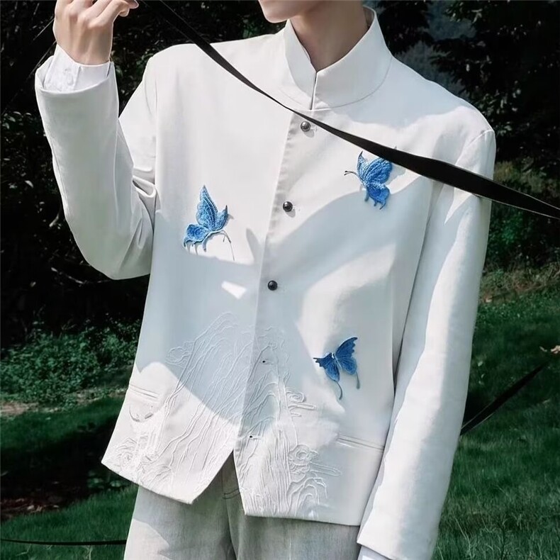 秋男立领西装单排扣中山装西服蝴蝶纹路刺绣垫肩外套JK087P75，男装西服，星座1013-1
