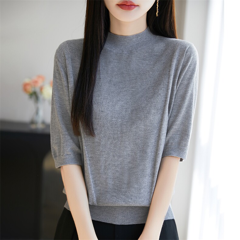 半高领桑蚕丝精纺羊毛针织五分袖上衣女竖纹短袖T恤宽松打底半袖,女装T恤,暖烁羊绒