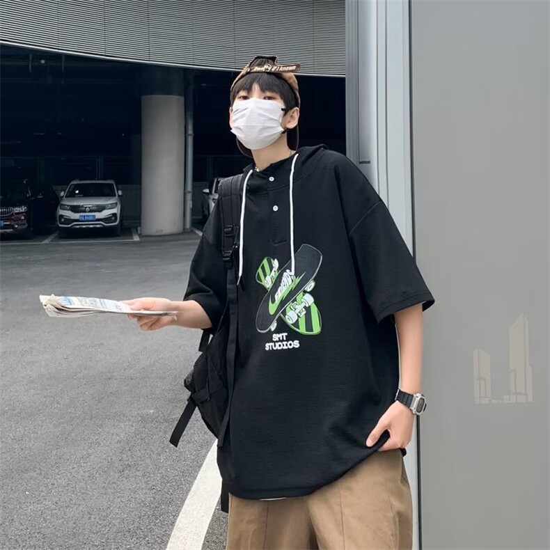 夏季新款男士冰丝连帽短袖t恤连帽男装宽松半袖潮流男孩体恤,男装T恤,星座1013