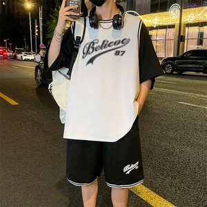 夏季短袖T恤套装青少年纯棉篮球服男潮流两件套男装F312P60控89图片