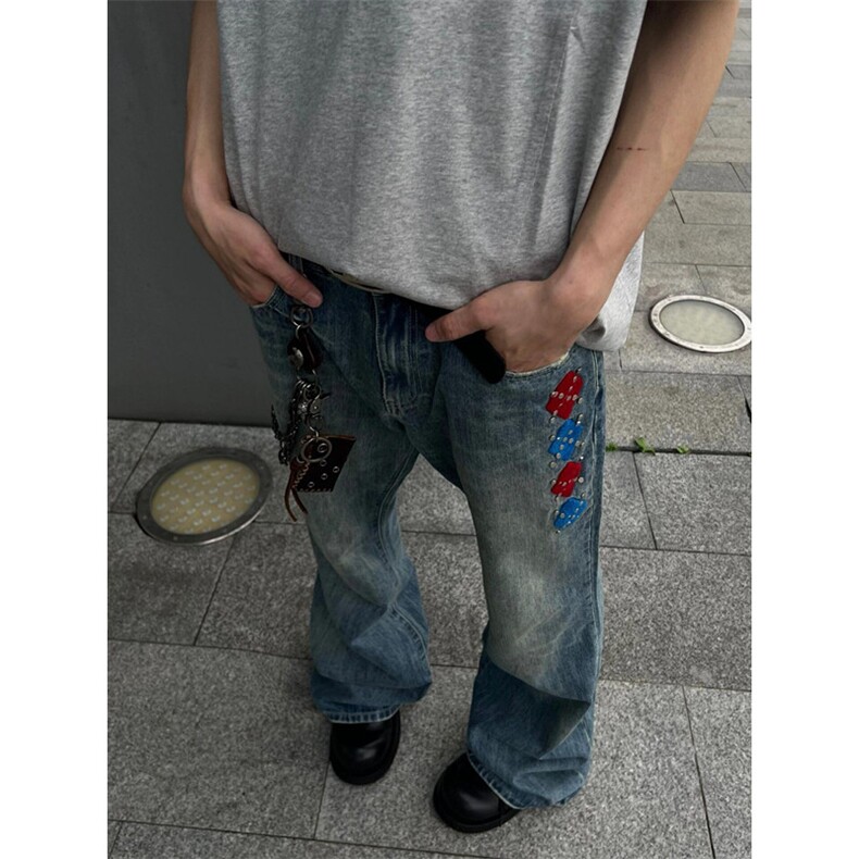 复古水洗设计毛巾刺绣微喇牛仔裤男夏季直筒堆堆裤子 N6673图片