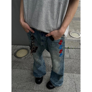 复古水洗设计毛巾刺绣微喇牛仔裤男夏季直筒堆堆裤子 N6673图片