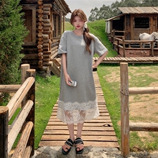 韩版下摆拼接蕾丝假两件T恤连衣裙女2025夏季时尚宽松大版中长裙，女装连衣裙，2C123