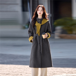 时尚撞色连帽披肩灰色毛呢外套女2025秋冬中长款系带收腰显瘦大衣图片