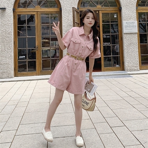小个子粉色连体短裤女2023夏新款韩版网红少女工装辣妹连衣裤图片