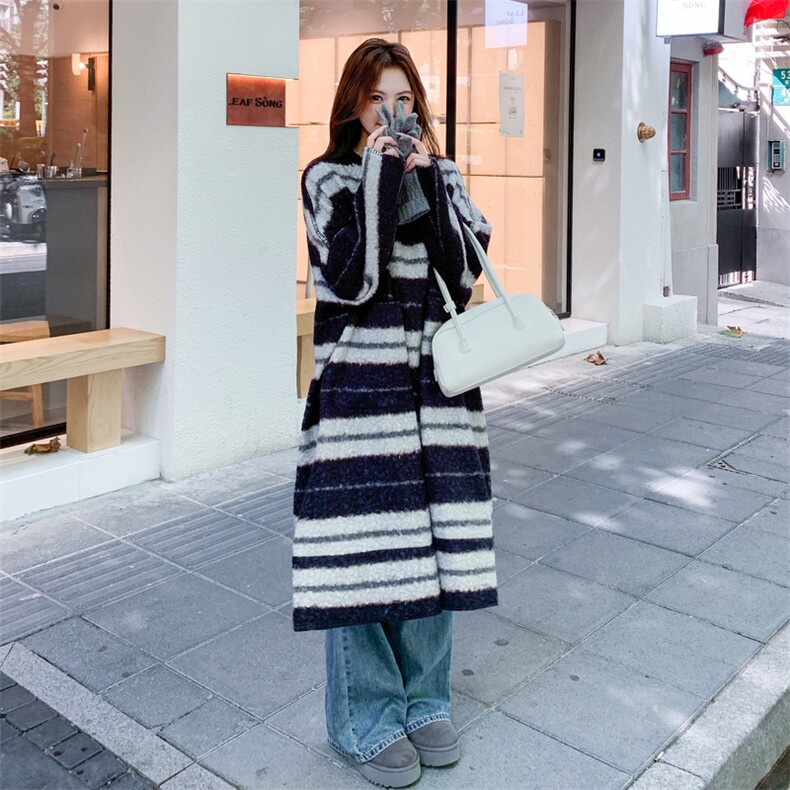 慵懒风复古条纹毛呢外套女2025秋冬新款韩系宽松百搭中长款呢大衣图片