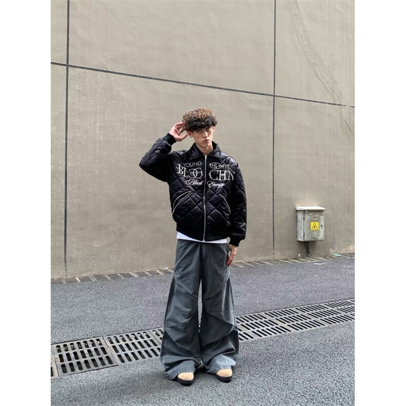 嘻哈风刺绣珍珠黑色菱格棉服夹克男美式复古街头休闲加厚保暖外套,男装夹克,四季星座505