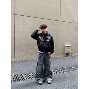 嘻哈风刺绣珍珠黑色菱格棉服夹克男美式复古街头休闲加厚保暖外套图片