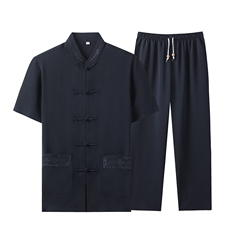 中老年棉麻套装高档唐装太极服中式刺绣立领短袖风时尚男夏装，男装中老年男装，钱塘723