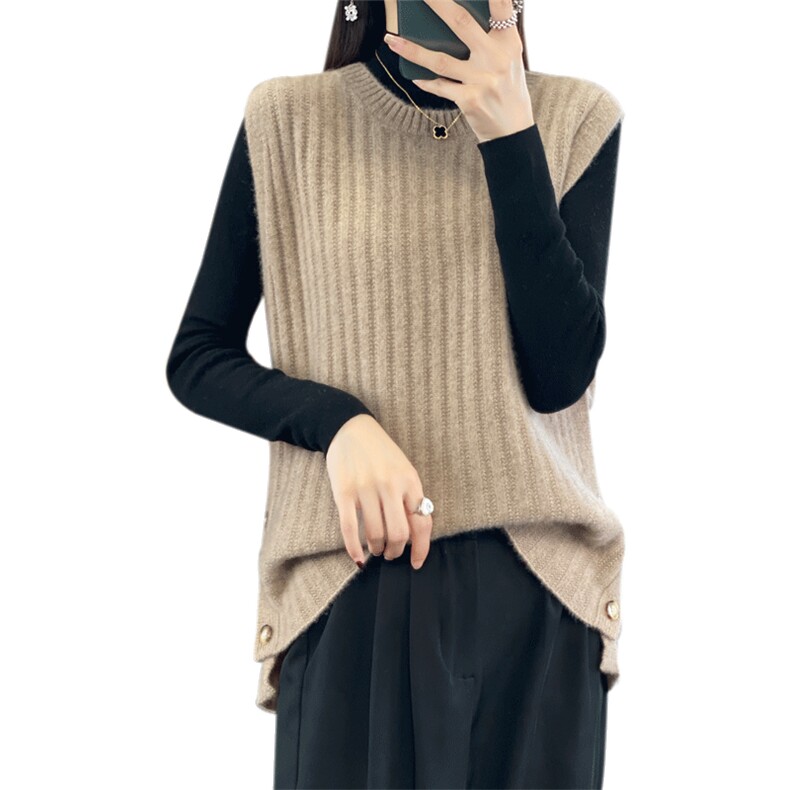 秋冬新款100%羊毛马甲女系扣开叉无袖背心针织毛衣宽松羊绒衫坎肩,女装羊毛衫,迅太羊绒