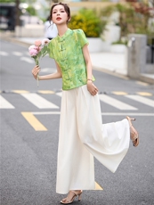 气质复古开衫2026夏季新款新中式人丝提花盘扣飞套装裤，女装套装/套裙，众宇琦