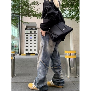 美式复古水洗cleanfit渐变拼接牛仔裤直筒休闲裤子K61246-P52网图图片