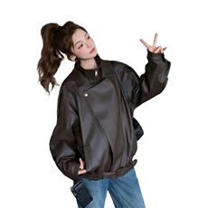 美式棕色短款机车服外套女春秋2025超火好看高级小众皮衣夹克上衣，女装短外套，2C269