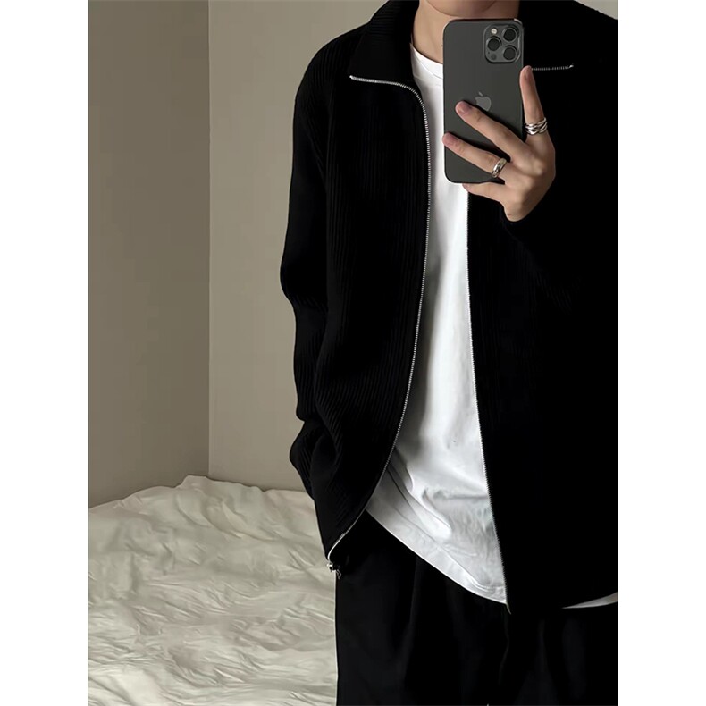 重磅秋冬北极绒双拉链毛衣开衫美式复古休闲慵懒风宽松针织衫外套，男装针织衫/毛衣，电商A486
