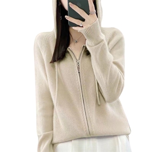 双拉链休闲连帽100纯羊毛开衫女宽松外套春秋绿色针织衫羊绒帽衫图片