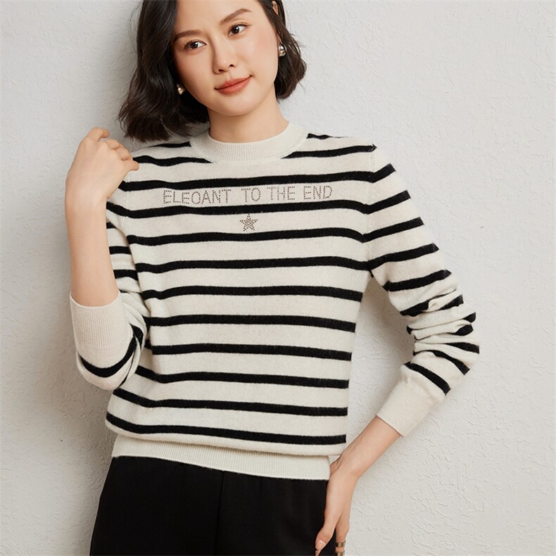 时尚优雅女士条纹衫10%保暖舒适修身显瘦打底衫,女装羊绒衫,臻维羊绒