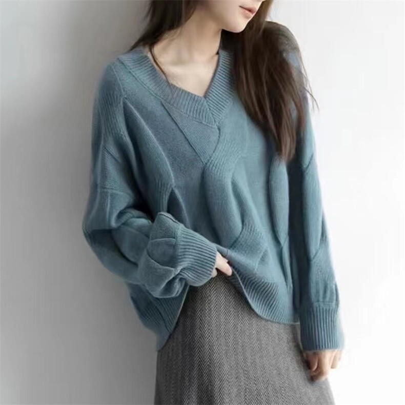 欧货针织衫V领长袖T恤大码女装春秋新款宽松打底衫中长款上衣，女装针织衫/毛衣，半城羊绒