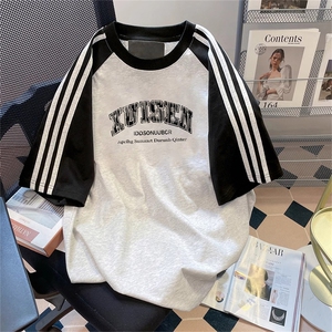 夏季美式高街重磅纯棉三条杠织带插肩撞色男女短袖T恤CZ105-特P25图片