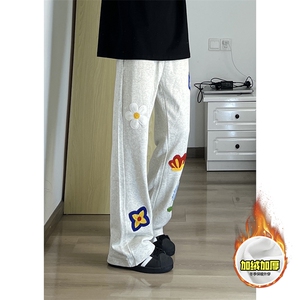 抖音得物高品质秋冬季重磅花卉刺绣潮流运动宽松加绒直筒休闲卫裤,男装休闲裤,电商A486