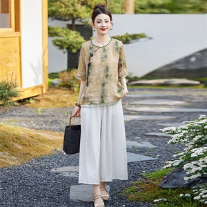 苎麻套装高端女装中式guo风印花上衣新款春夏季时尚棉麻阔腿裤图片