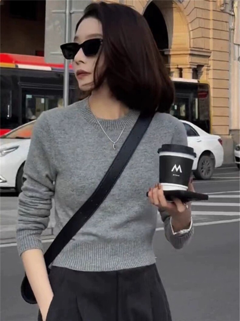 圆领羊毛衫女纯色短款潮流打底秋冬季显瘦时尚毛衣,女装羊毛衫,思途羊绒